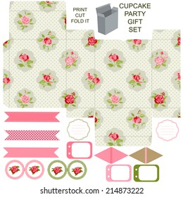 Party set. Gift box template.  Abstract floral shabby chic pattern, classic country roses. Empty labels and cupcake toppers and food tags. 