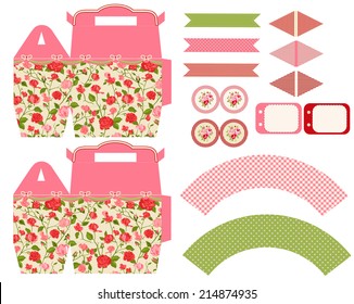 Party set. Gift box template.  Abstract floral shabby chic pattern, classic country roses. Empty labels and cupcake toppers and food tags. 