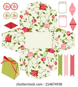 Party set. Gift box template.  Abstract floral shabby chic pattern, classic country roses. Empty labels and cupcake toppers and food tags. 