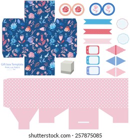 Party set. Gift box template.  Abstract floral pattern, country roses. Empty labels and cupcake toppers and food tags. 
