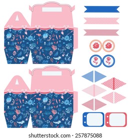 Party set. Gift box template.  Abstract floral pattern, country roses. Empty labels and cupcake toppers and food tags. 