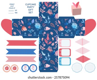 Party set. Gift box template.  Abstract floral pattern, country roses. Empty labels and cupcake toppers and food tags. 