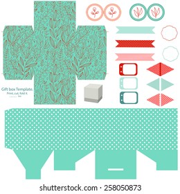 Party set. Gift box template.  Abstract floral nature pattern. Empty labels and cupcake toppers and food tags. Isolated.