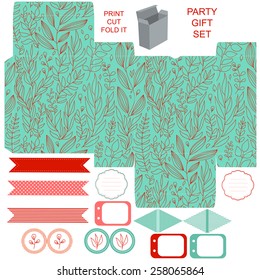 Party set. Gift box template.  Abstract floral nature pattern. Empty labels and cupcake toppers and food tags. Isolated.