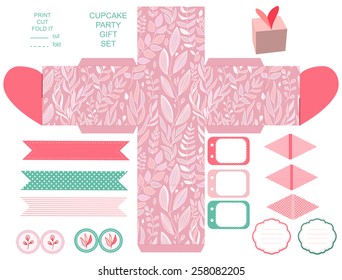 Party set. Gift box template.  Abstract floral pattern, country roses. Empty labels and cupcake toppers and food tags. 