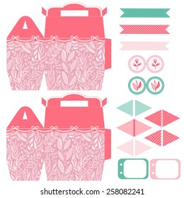 Party set. Gift box template.  Abstract floral pattern, country roses. Empty labels and cupcake toppers and food tags. 