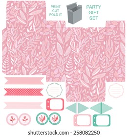 Party set. Gift box template.  Abstract floral pattern, country roses. Empty labels and cupcake toppers and food tags. 