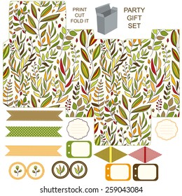Party set. Gift box template.  Abstract floral pattern, leaves and branches. Empty labels and cupcake toppers and food tags. 