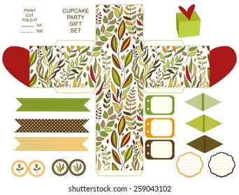 Party set. Gift box template.  Abstract floral pattern, leaves and branches. Empty labels and cupcake toppers and food tags. 