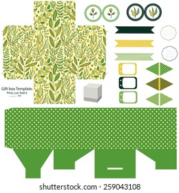 Party set. Gift box template.  Abstract floral pattern, leaves and branches. Empty labels and cupcake toppers and food tags. 