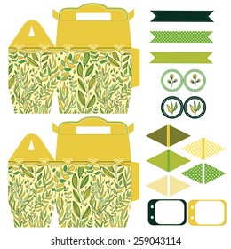 Party set. Gift box template.  Abstract floral pattern, leaves and branches. Empty labels and cupcake toppers and food tags. 