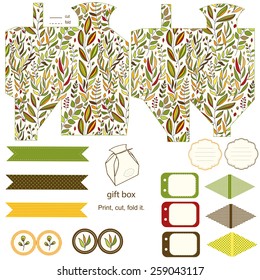 Party set. Gift box template.  Abstract floral pattern, leaves and branches. Empty labels and cupcake toppers and food tags. 