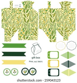 Party set. Gift box template.  Abstract floral pattern, leaves and branches. Empty labels and cupcake toppers and food tags. 