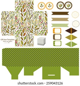 Party set. Gift box template.  Abstract floral pattern, leaves and branches. Empty labels and cupcake toppers and food tags. 