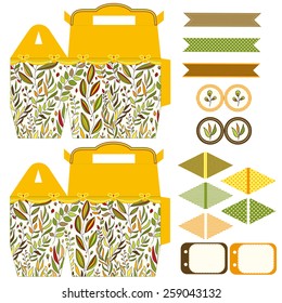 Party set. Gift box template.  Abstract floral pattern, leaves and branches. Empty labels and cupcake toppers and food tags. 