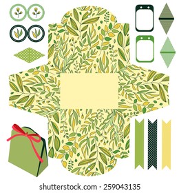 Party set. Gift box template.  Abstract floral pattern, leaves and branches. Empty labels and cupcake toppers and food tags. 