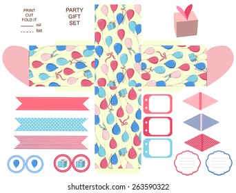 Party set. Gift box template. Balloons, gift and ribbons in the blue sky pattern. Empty labels and cupcake toppers and food tags. 