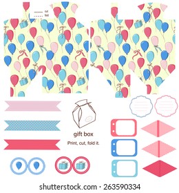 Party set. Gift box template. Balloons, gift and ribbons in the blue sky pattern. Empty labels and cupcake toppers and food tags. 