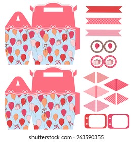 Party set. Gift box template. Balloons, gift and ribbons in the blue sky pattern. Empty labels and cupcake toppers and food tags. 