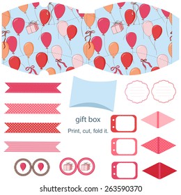 Party set. Gift box template. Balloons, gift and ribbons in the blue sky pattern. Empty labels and cupcake toppers and food tags. 