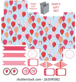 Party set. Gift box template. Balloons, gift and ribbons in the blue sky pattern. Empty labels and cupcake toppers and food tags. 