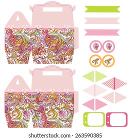 Party set. Gift box template.  Abstract floral pattern. Empty labels and cupcake toppers and food tags. 