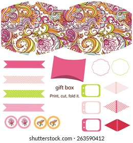 Party set. Gift box template.  Abstract floral pattern. Empty labels and cupcake toppers and food tags. 