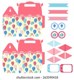 Party set. Gift box template. Balloons, gift and ribbons in the blue sky pattern. Empty labels and cupcake toppers and food tags. 