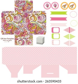 Party set. Gift box template.  Abstract floral pattern. Empty labels and cupcake toppers and food tags. 