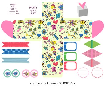 Party set. Gift box template.  Abstract flowers and insects pattern. Empty labels and cupcake toppers and food tags. 