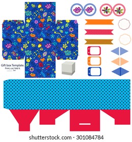 Party set. Gift box template.  Abstract flowers and insects pattern. Empty labels and cupcake toppers and food tags. 