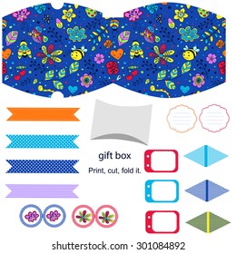 Party set. Gift box template.  Abstract flowers and insects pattern. Empty labels and cupcake toppers and food tags. 
