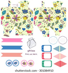 Party set. Gift box template.  Abstract flowers and insects pattern. Empty labels and cupcake toppers and food tags. 