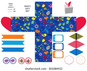 Party set. Gift box template.  Abstract flowers and insects pattern. Empty labels and cupcake toppers and food tags. 