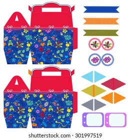 Party set. Gift box template.  Abstract flowers and insects pattern. Empty labels and cupcake toppers and food tags. 