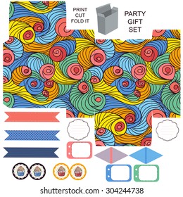 Party set. Gift box template.  Abstract colored swirl pattern. Empty labels and cupcake toppers and food tags. 