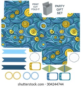 Party set. Gift box template.  Abstract colored swirl pattern. Empty labels and cupcake toppers and food tags. 
