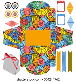 Party set. Gift box template.  Abstract colored swirl pattern. Empty labels and cupcake toppers and food tags. 