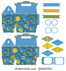 Party set. Gift box template.  Abstract colored swirl pattern. Empty labels and cupcake toppers and food tags. 