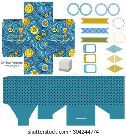 Party set. Gift box template.  Abstract colored swirl pattern. Empty labels and cupcake toppers and food tags. 