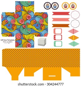 Party set. Gift box template.  Abstract colored swirl pattern. Empty labels and cupcake toppers and food tags. 