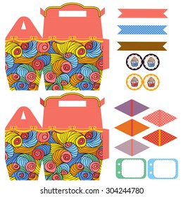 Party set. Gift box template.  Abstract colored swirl pattern. Empty labels and cupcake toppers and food tags. 