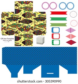 Party set. Gift box template.  Abstract pattern with fishes. Empty labels and cupcake toppers and food tags. 