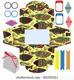 Party set. Gift box template.  Abstract pattern with fishes. Empty labels and cupcake toppers and food tags. 