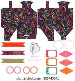 Party set. Gift box template.  Abstract nature pattern, herbs and leaves. Empty labels and cupcake toppers and food tags. 