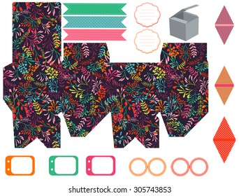 Party set. Gift box template.  Abstract nature pattern, herbs and leaves. Empty labels and cupcake toppers and food tags. 