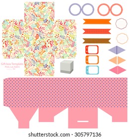 Party set. Gift box template.  Abstract nature pattern, herbs and leaves. Empty labels and cupcake toppers and food tags. 