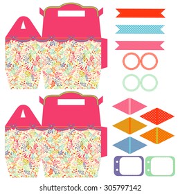 Party set. Gift box template.  Abstract nature pattern, herbs and leaves. Empty labels and cupcake toppers and food tags. 