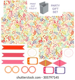 Party set. Gift box template.  Abstract nature pattern, herbs and leaves. Empty labels and cupcake toppers and food tags. 