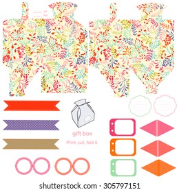 Party set. Gift box template.  Abstract nature pattern, herbs and leaves. Empty labels and cupcake toppers and food tags. 